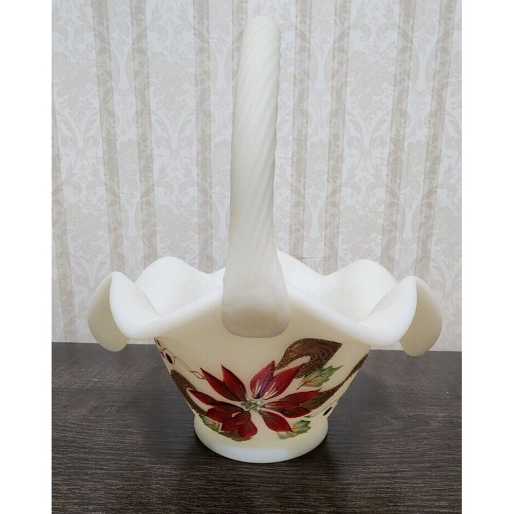 Fenton Glass White Christmas Basket Signed Poinsettia Red Gold